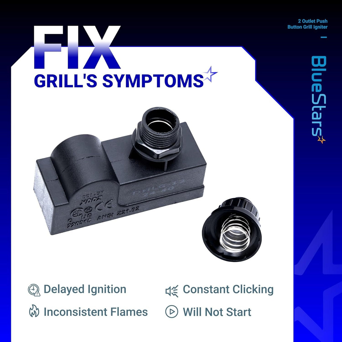 DHLG-12 2 outlet push button grill ignitor module with battery cap and mounting hardware.