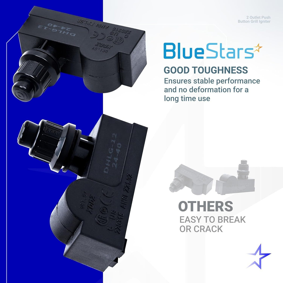 Two DHLG-12 2 outlet push button grill ignitors shown in a product comparison graphic.