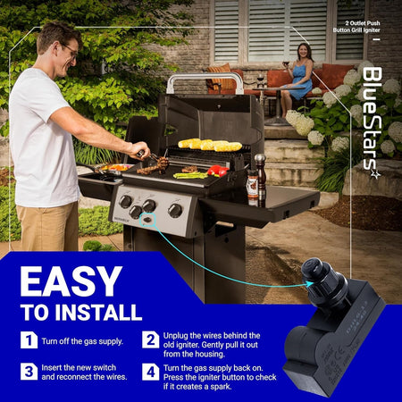 DHLG-12 2 outlet push button grill ignitor installation guide with product close-up.