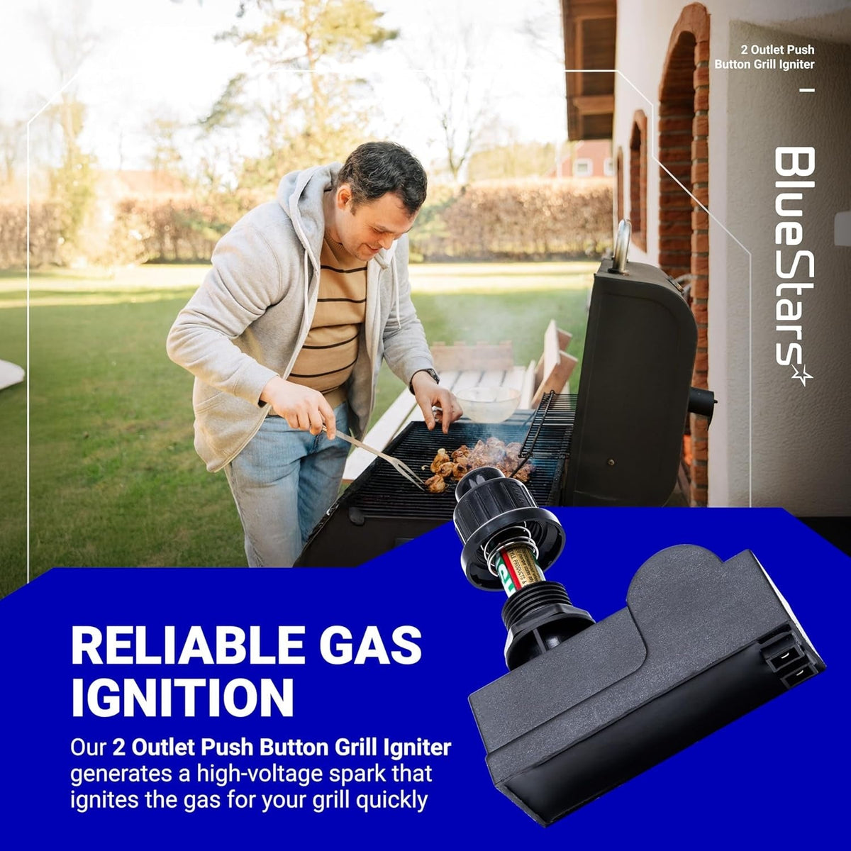 DHLG-12 2 outlet push button grill igniter module shown in a lifestyle marketing graphic.