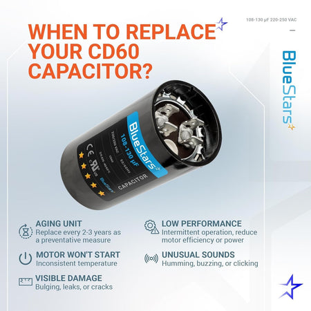 BlueStars CD60 round start capacitor 108-130 uF 220-250 VAC with replacement guide infographic.