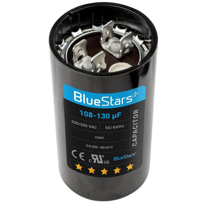 BlueStars 108-130 uF 220-250 VAC round start capacitor for single-phase electric motors.