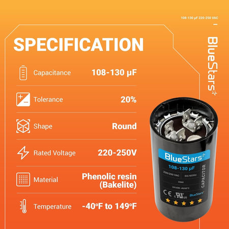 Infographic showing specifications for 108-130 uF 220-250 VAC CD60 round start capacitor for electric motors.