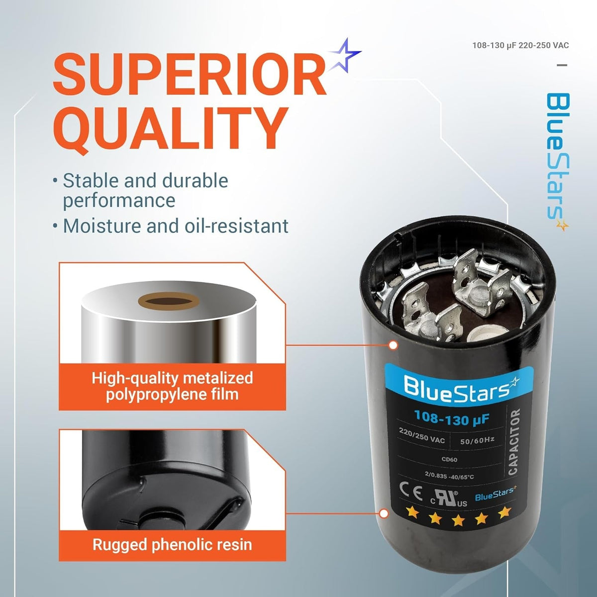 Infographic showing BlueStars 108-130 uF 220-250 VAC CD60 round start capacitor construction and material features.