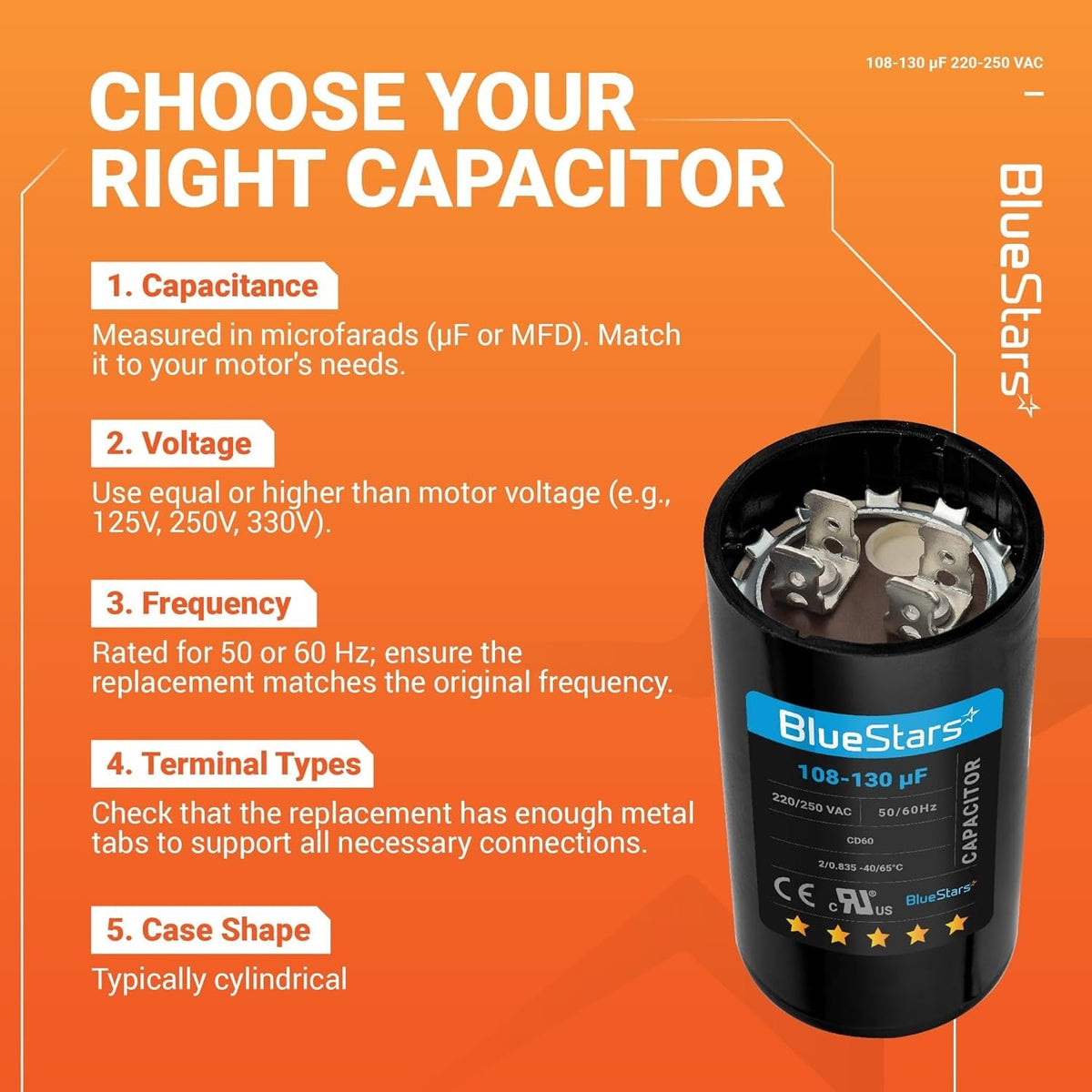 Educational guide for selecting a 108-130 uF 220-250 VAC CD60 round start capacitor for electric motors.