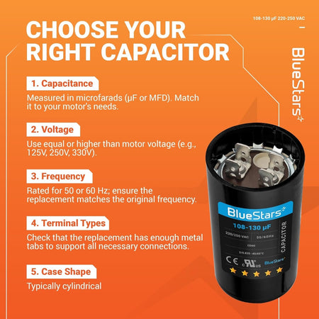Educational guide for selecting a 108-130 uF 220-250 VAC CD60 round start capacitor for electric motors.