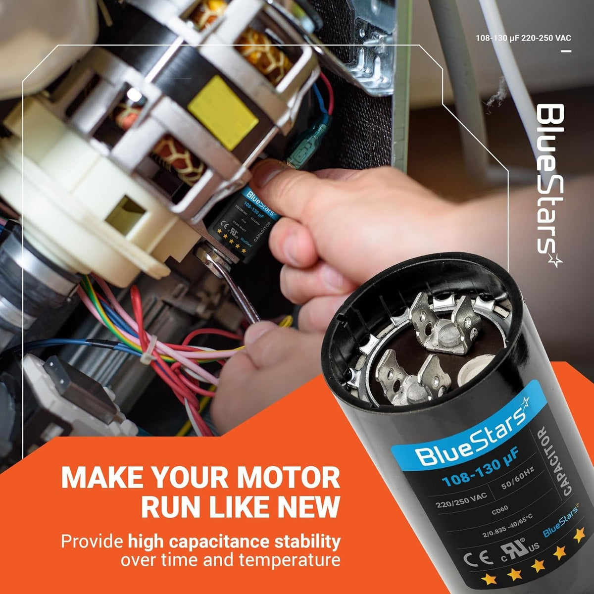 Hand installing a 108-130 uF 220-250 VAC CD60 round start capacitor into a single-phase electric motor.