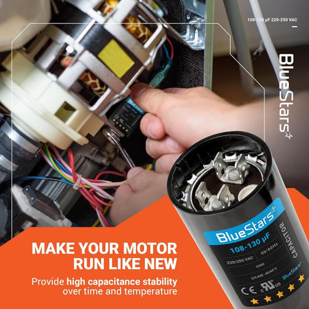 Hand installing a 108-130 uF 220-250 VAC CD60 round start capacitor into a single-phase electric motor.