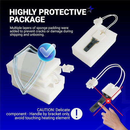 62-22868-93 furnace ignitor shown in protective sponge packaging with handling instructions.