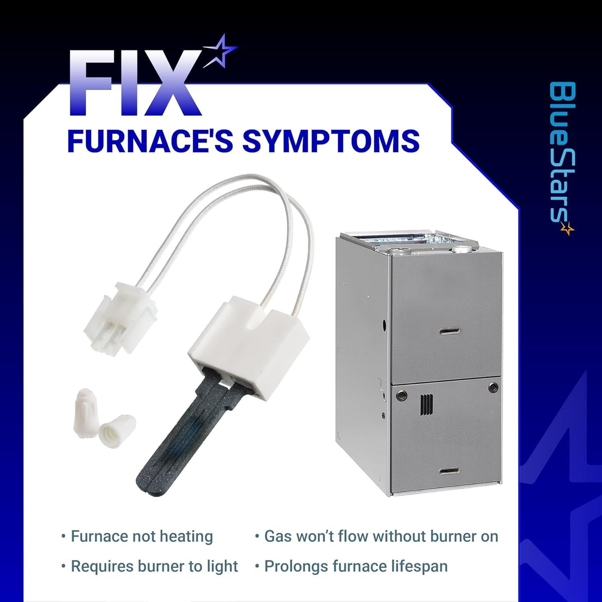 62-22868-93 furnace hot surface igniter with wire harness and wire nuts shown next to a furnace unit.
