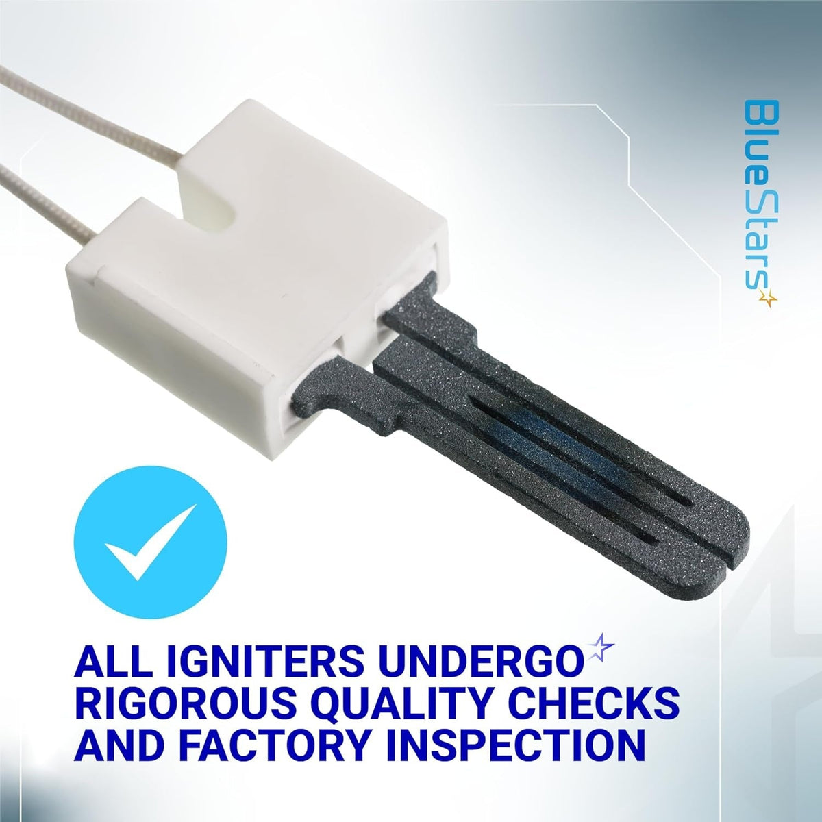 Close-up of 62-22868-93 furnace hot surface ignitor with white ceramic base and quality inspection graphic.