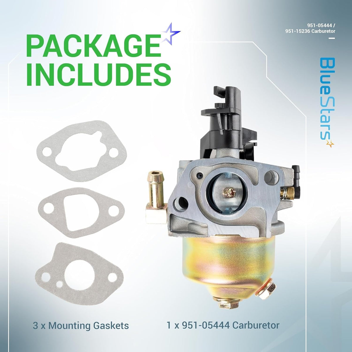951-05444 carburetor kit with three mounting gaskets for MTD, Cub Cadet, and Troy-Bilt snowblowers.