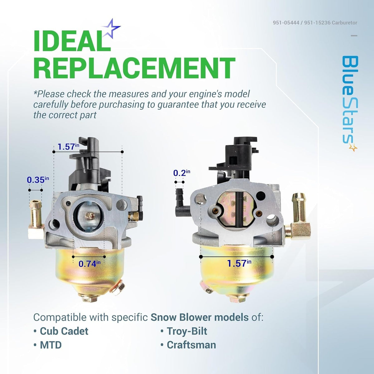 Dimensional diagram of 951-05444 Huayi 175SC carburetor for Cub Cadet, MTD, and Troy-Bilt snowblowers.