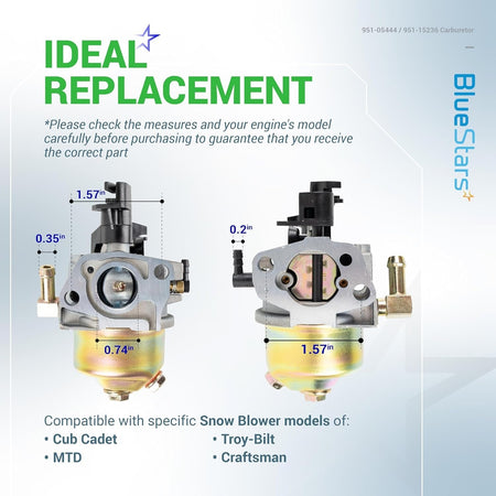Dimensional diagram of 951-05444 Huayi 175SC carburetor for Cub Cadet, MTD, and Troy-Bilt snowblowers.