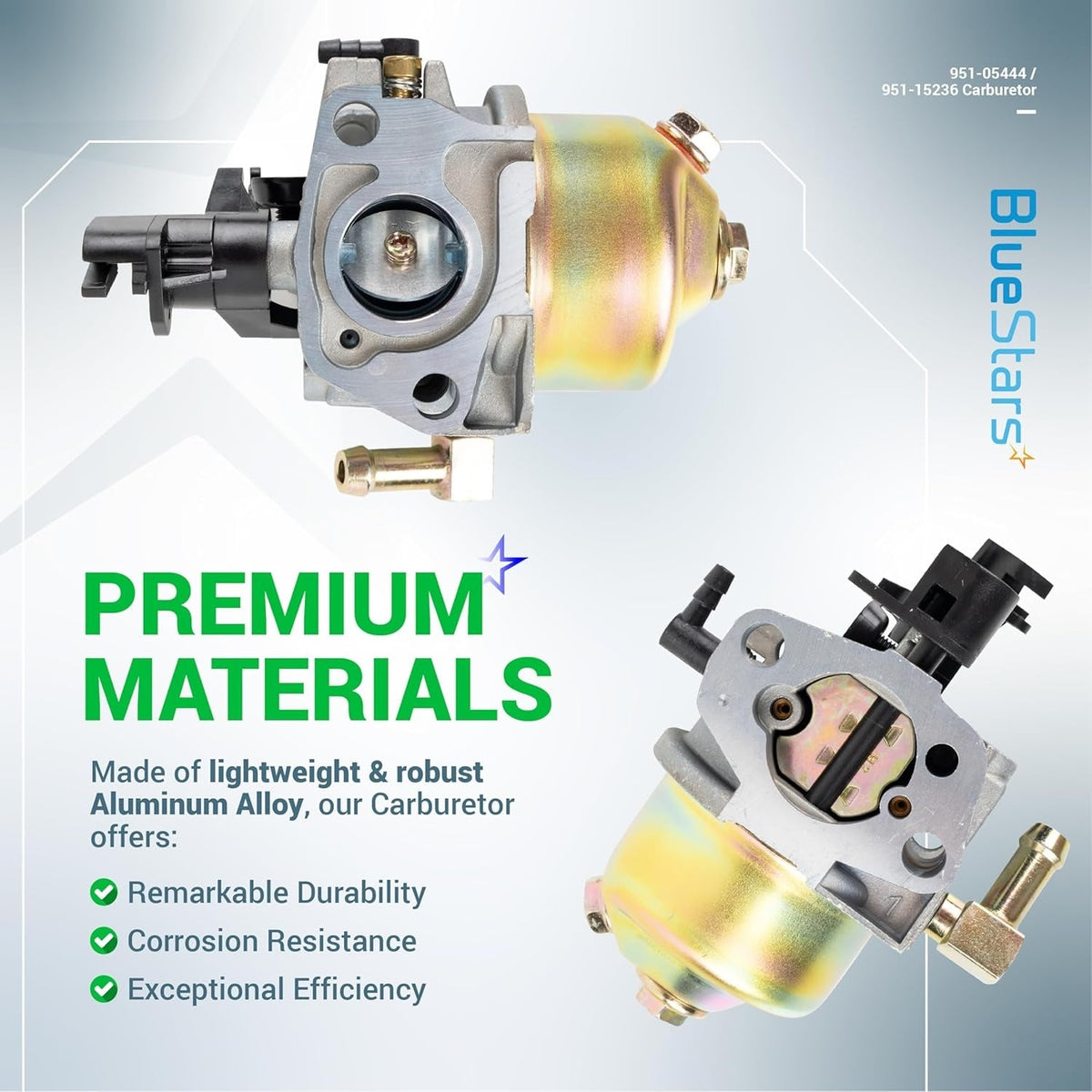 951-05444 replacement carburetor for Huayi 175SC snowblower engines shown from two different angles.