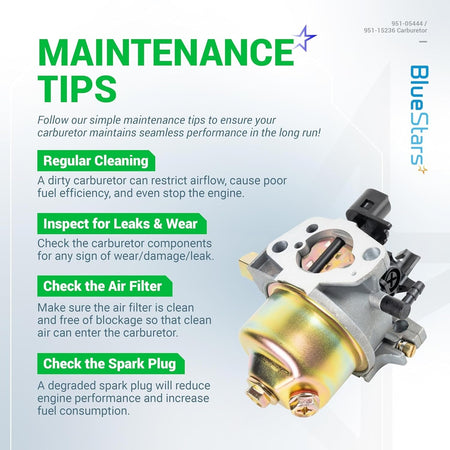 Infographic showing 951-05444 carburetor maintenance tips for Cub Cadet, MTD, and Troy-Bilt snowblowers.