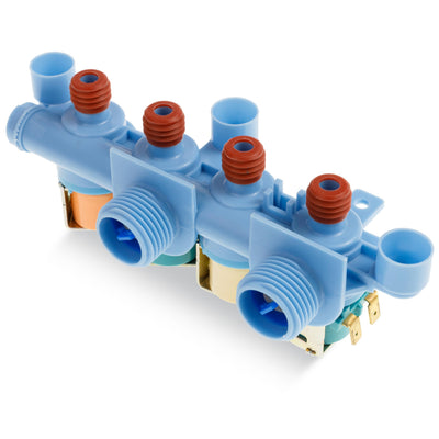 WH13X26637 water inlet valve for GE washers with blue plastic housing and threaded hose connections.