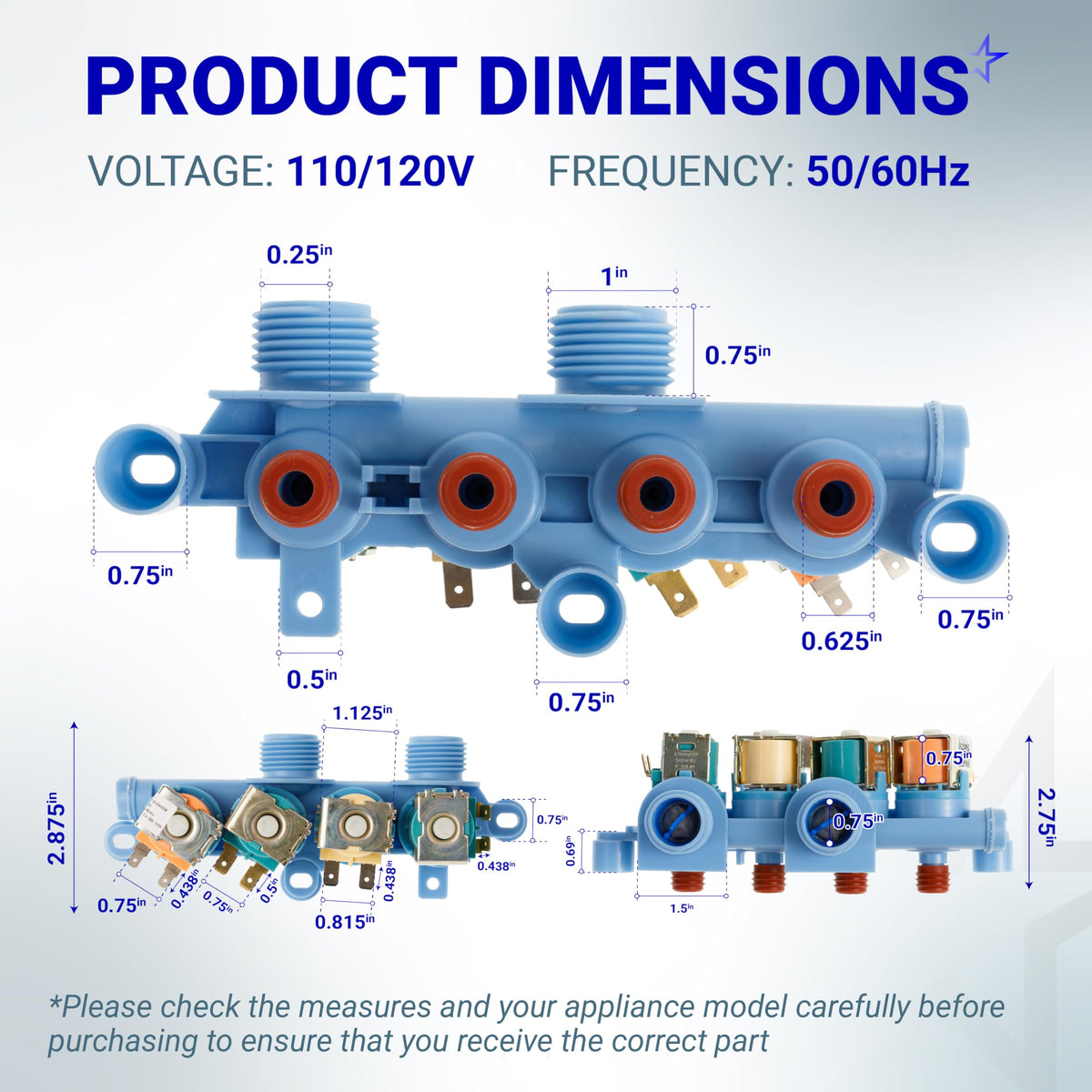 WH13X26637 water inlet valve for GE washers showing detailed product dimensions and technical specifications.