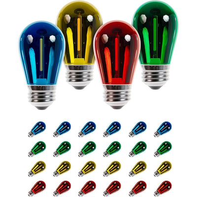 Pack of 24 multicolored S14 LED string light bulbs with E26 medium bases in blue, yellow, red, and green.