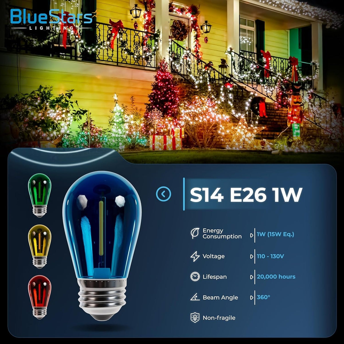 Infographic showing 1W S14 colored LED string light bulbs with E26 medium base and technical specifications.