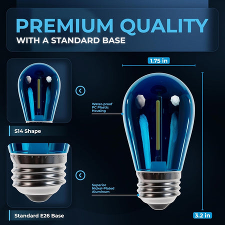 Infographic showing dimensions and features of a blue S14 LED string light bulb with an E26 medium base.