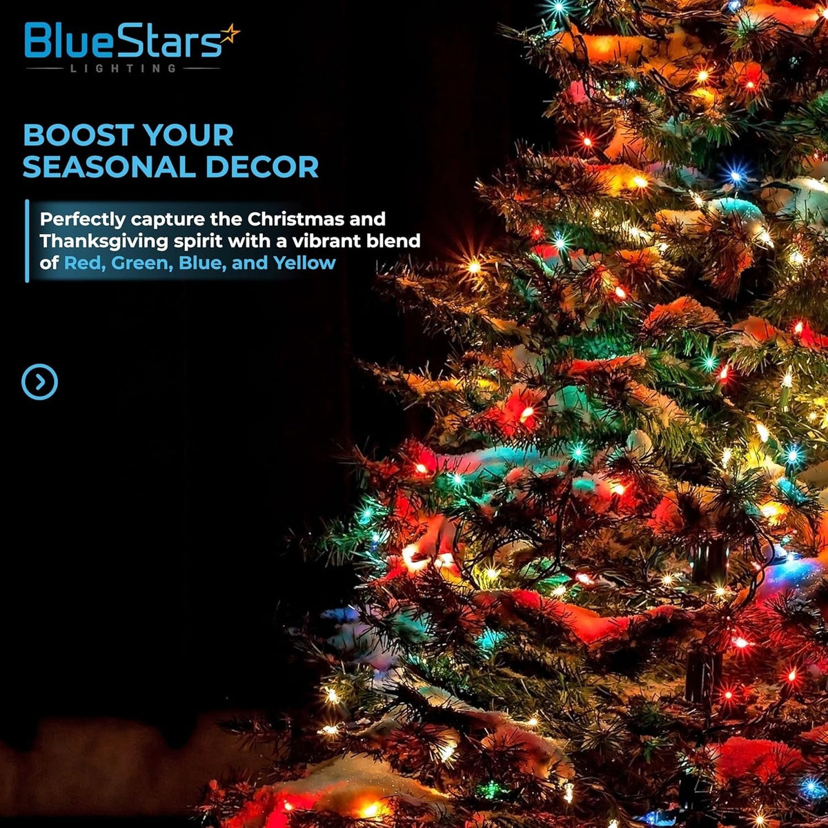 BlueStars S14 colored LED string lights glowing in red, green, blue, and yellow on a decorated Christmas tree.
