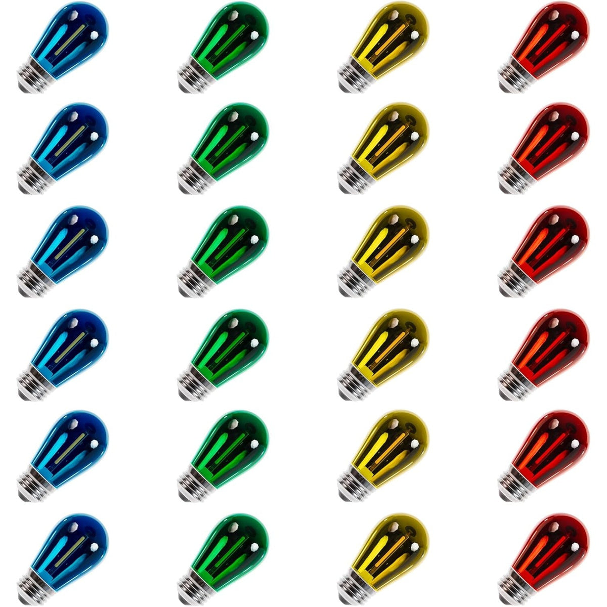 Pack of 24 multicolored S14 LED string light bulbs with E26 medium bases arranged in a grid.
