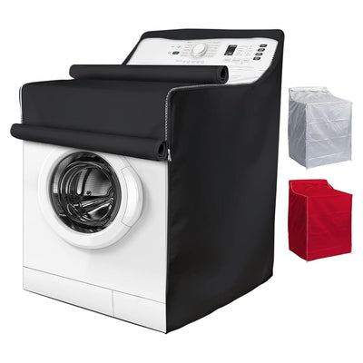 Black premium outdoor washing machine cover installed on a front-load washer with roll-up front panel.
