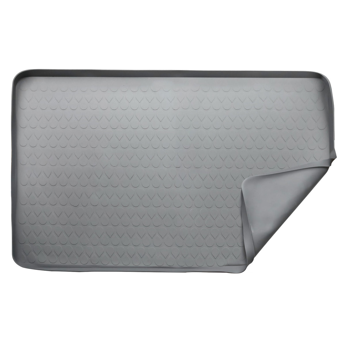 Grey 34x22 inch under sink mat with flexible corner and textured surface.