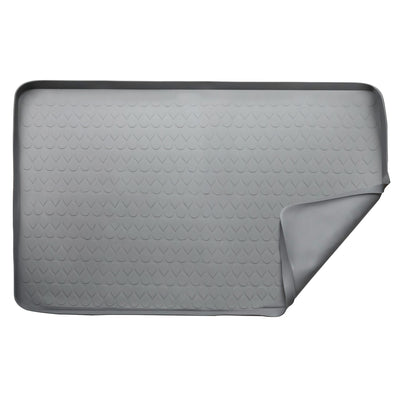 Grey 34x22 inch under sink mat with flexible corner and textured surface.