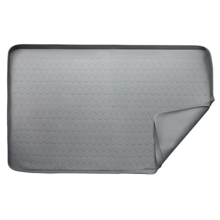 Grey 34x22 inch under sink mat with flexible corner and textured surface.