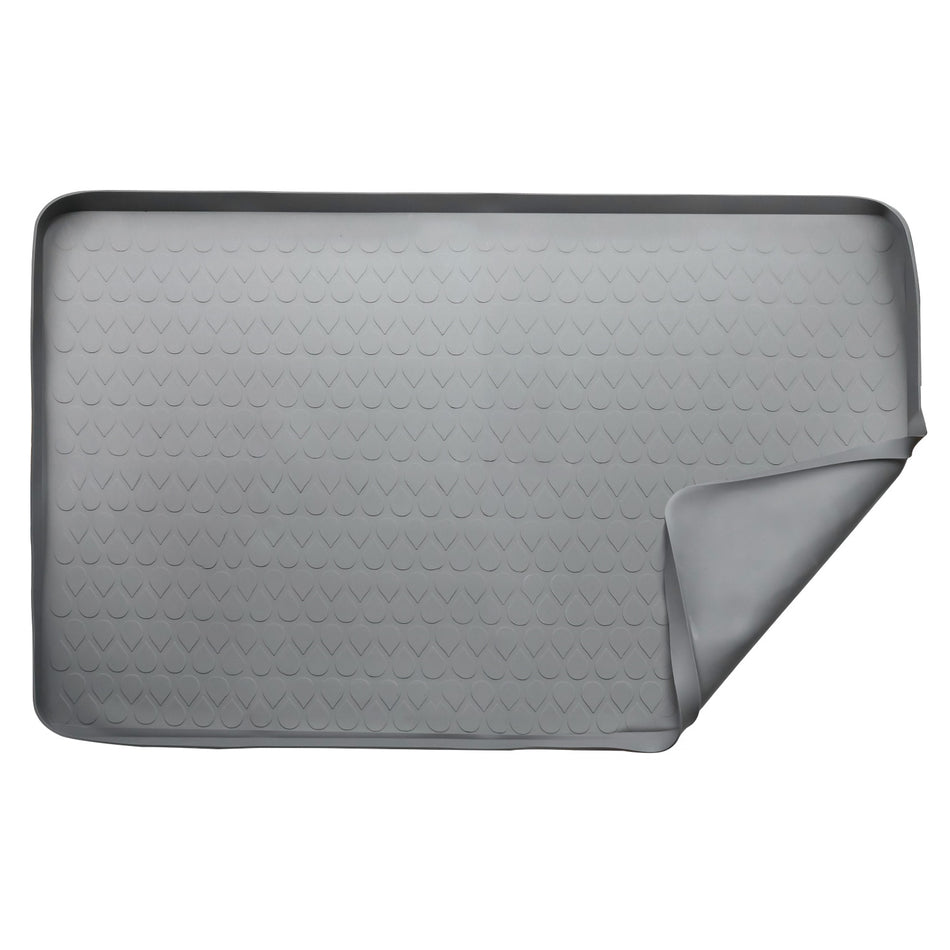 Grey 34x22 inch under sink mat with flexible corner and textured surface.