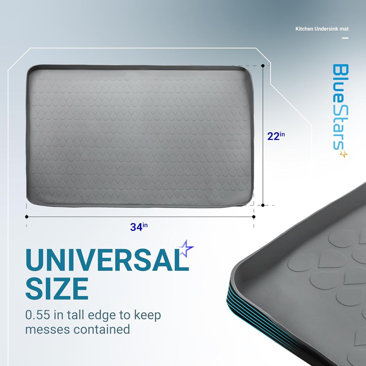 Grey 34 x 22 inch under sink mat with dimensions and close-up of raised edge design.
