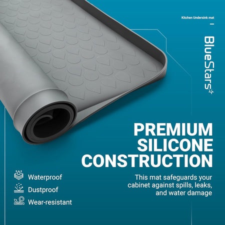 Close-up of a grey silicone under sink mat with a textured surface for kitchen cabinet protection.