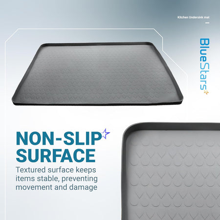 Grey 34" x 22" under sink mat featuring a non-slip textured surface to prevent movement and damage.
