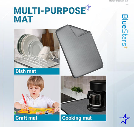 Grey 34x22 inch multi-purpose under sink mat used as a dish drying, craft, and coffee station mat.