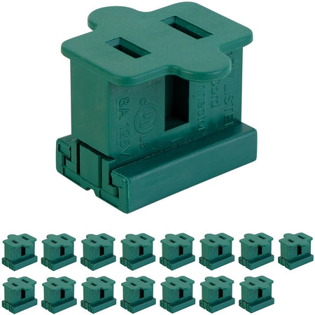 Set of 15 green female slip-on electrical cord plugs for holiday lighting and DIY cord repair.