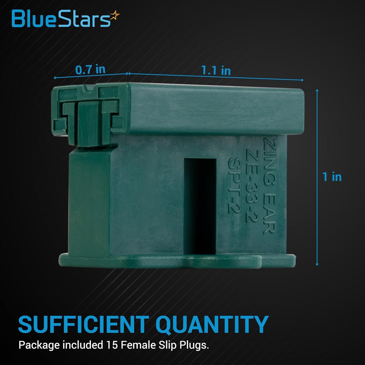 Green female slip plug with dimensions labeled, showing SPT-2 ZE-33-2 model details.