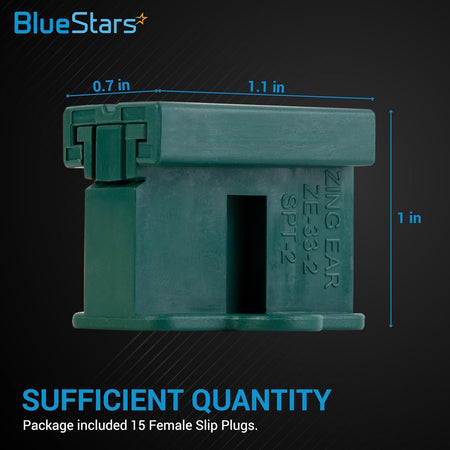 Green female slip plug with dimensions labeled, showing SPT-2 ZE-33-2 model details.