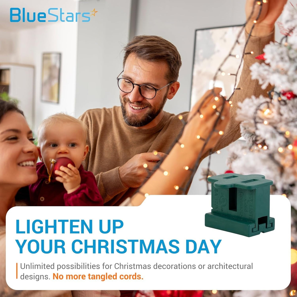 Green 15 female slip plug connector for Christmas light cords shown in a lifestyle product graphic.