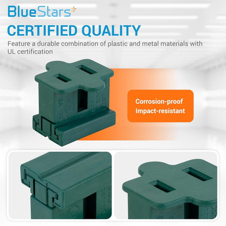 Green 15A female slip plug connector with UL certification and durable plastic construction.