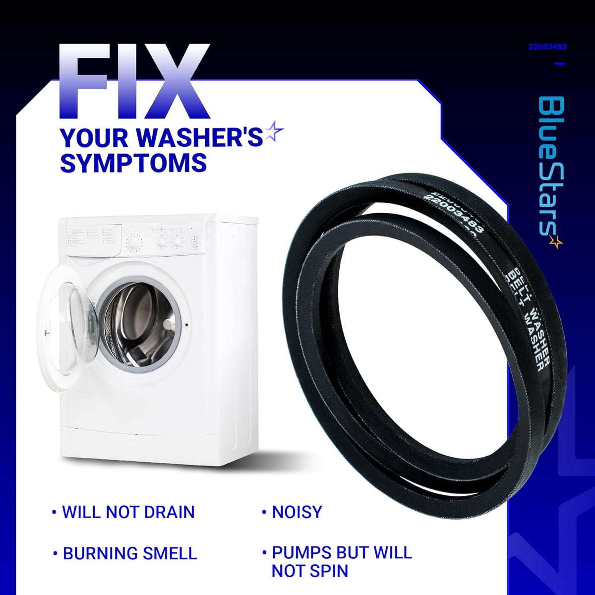 22003483 washer drive belt replacement for Maytag and Jenn-Air washing machines shown with common repair symptoms.