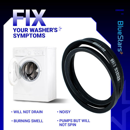 22003483 washer drive belt replacement for Maytag and Jenn-Air washing machines shown with common repair symptoms.