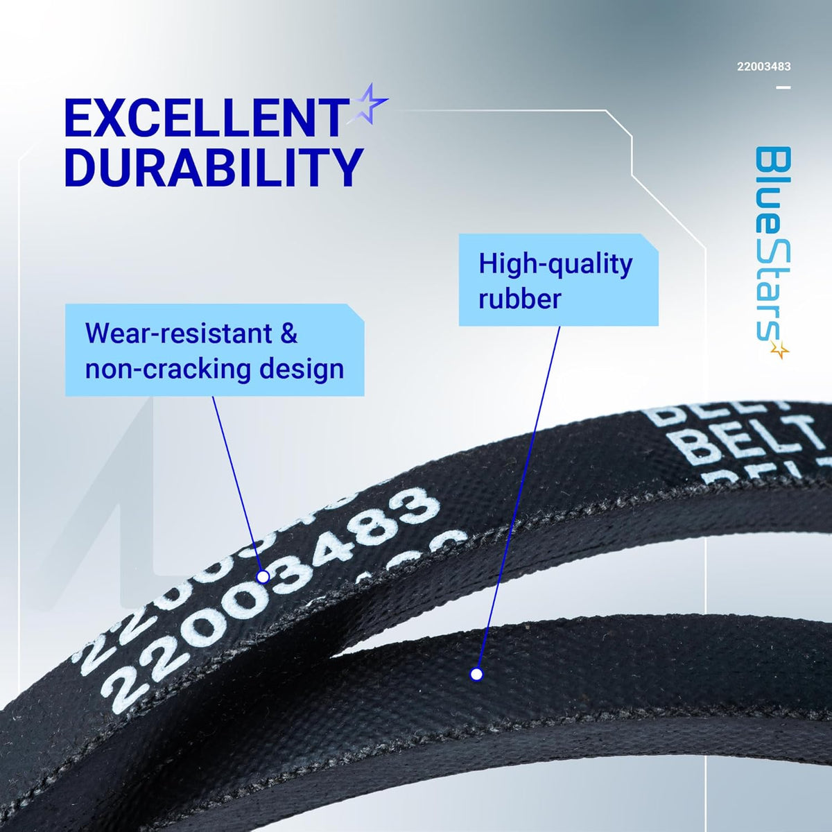 Close-up of 22003483 washer drive belt showing durable rubber construction and wear-resistant design.