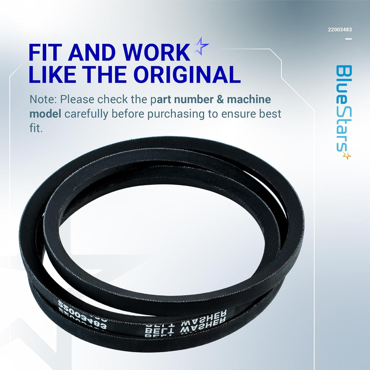 Black replacement washer drive belt 22003483 for Maytag and Jenn-Air washing machines.