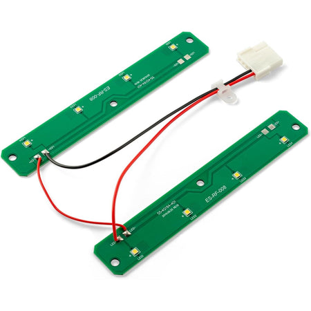 W11527432 refrigerator LED light assembly with two green circuit boards connected by red and black wiring.