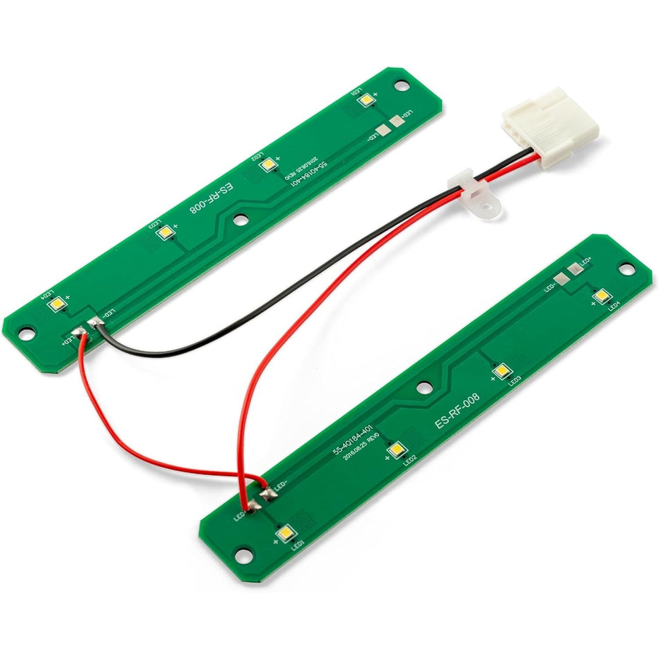 W11527432 refrigerator LED light assembly with two green circuit boards connected by red and black wiring.