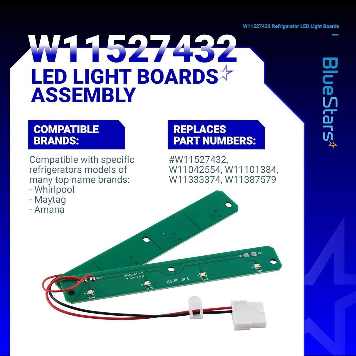 W11527432 refrigerator LED light board assembly for Whirlpool and Maytag, showing two green circuit boards with wiring.