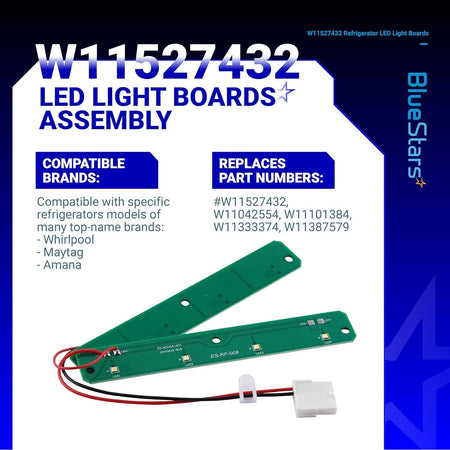 W11527432 refrigerator LED light board assembly for Whirlpool and Maytag, showing two green circuit boards with wiring.