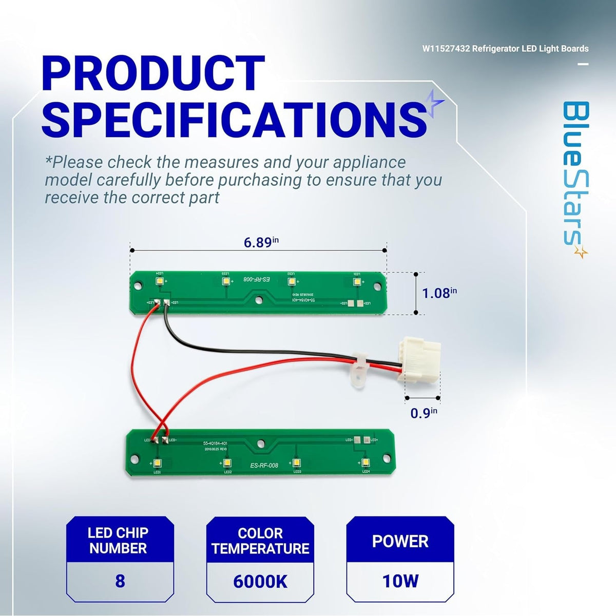 W11527432 refrigerator LED light assembly showing dimensions and technical specifications for Whirlpool and Maytag models.